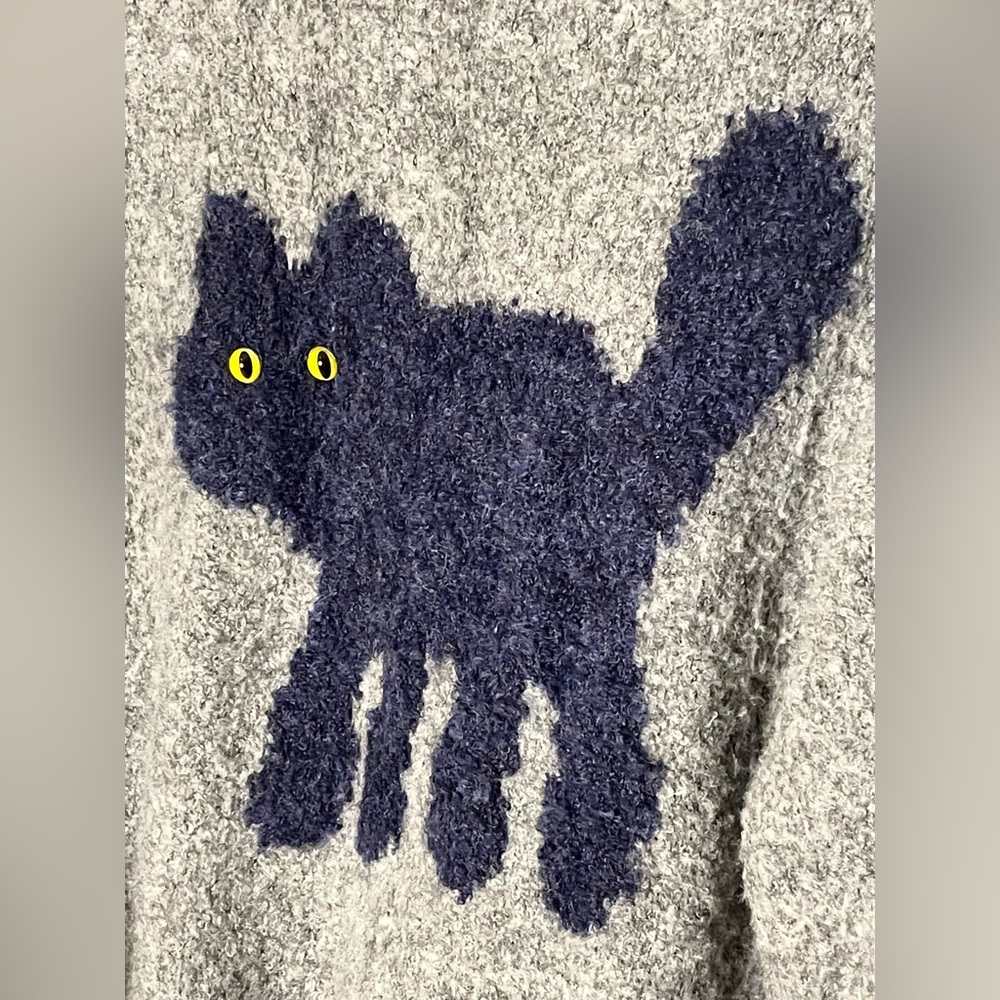 CIDER Navy Cat Sweater Grey Fuzzy Knit Graphic Cozy Oversized L Wool Blend - Picture 2 of 9